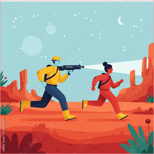 Futuristic Desert Chase Illustration Colorful Running Figures