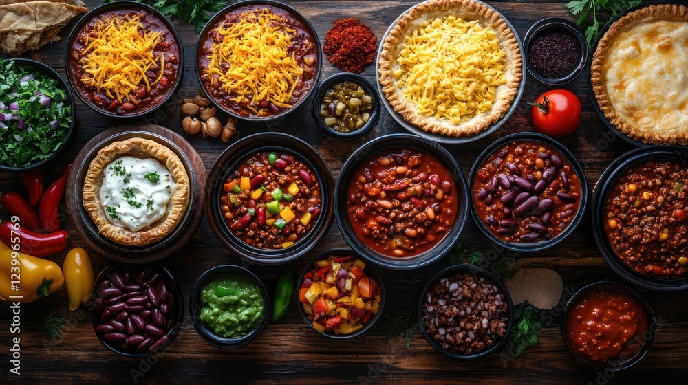 Overhead shot of various chili dishes, toppings, and sides on a wooden table. Overhead shot of various chili dishes, toppings, and sides on a wooden table.