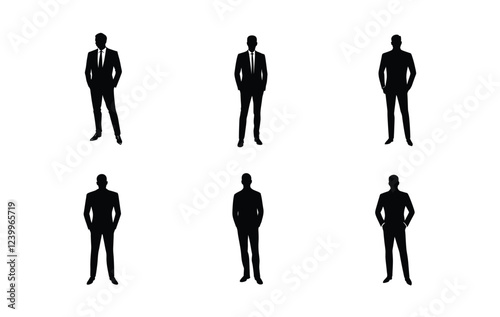 Six black silhouette figures of businessmen in formal suits, standing with hands in pockets, against a white background.