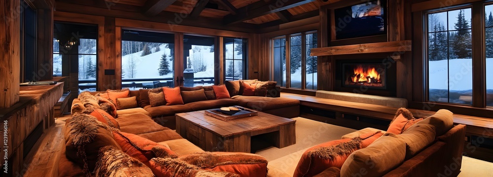Naklejka premium A cozy family room with plush armchairs, a large sectional, and a wooden coffee table