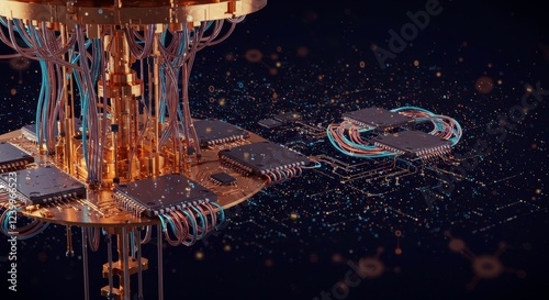 Quantum Computing Network: A mesmerizing visualization of a quantum computer's intricate network of processors and wires.