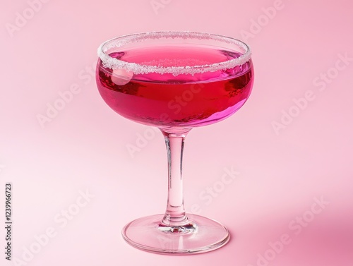 Glass of pink drink with ice cubes and salt on rim photo