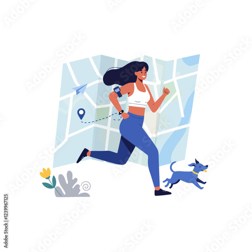Woman Jogging with Dog Fitness App Map Route