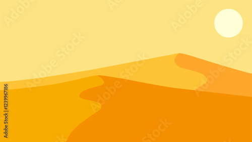 Landscape scenery of sand desert with dunes. Panoramic view of sahara desert at noon with sun and towering dunes. Vector illustration of scenic arid desert with hot weather