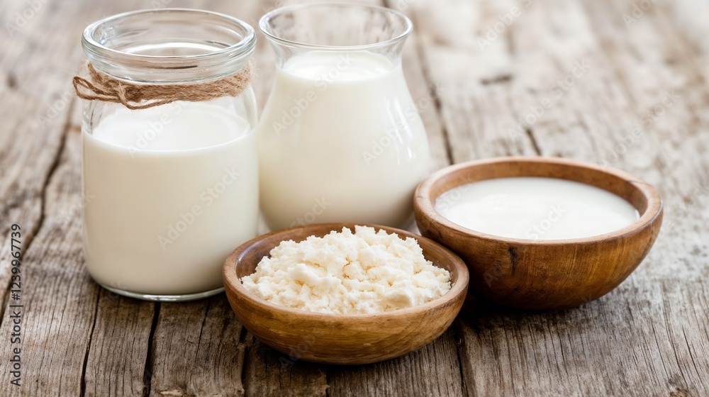Fresh dairy products in rustic setting with wooden background. Perfect for organic food, traditional farming, and healthy nutrition concepts. Fresh dairy products in rustic setting with wooden background. Perfect for organic food, traditional farming, and healthy nutrition concepts.