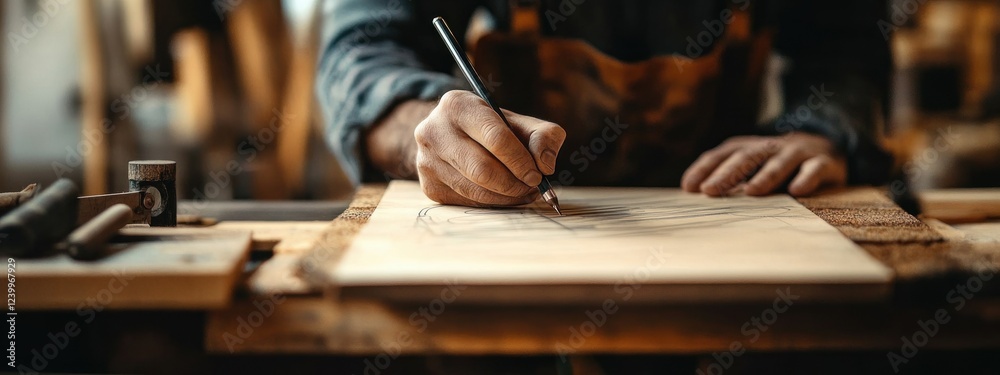 Craftsman Sketching Design on Wood in Rustic Workshop for Home Renovation Project Craftsman Sketching Design on Wood in Rustic Workshop for Home Renovation Project