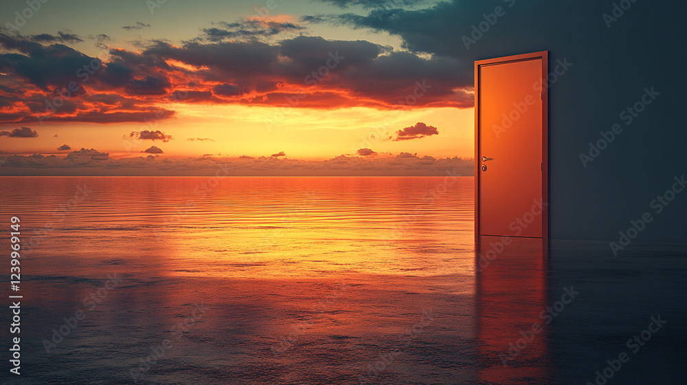 Fototapeta premium A futuristic portal glows in a beautifully cloudy sky, symbolizing endless possibilities and wonders ahead. Modern, ethereal, with a blurred empty space for captions, evoking curiosity and hope.