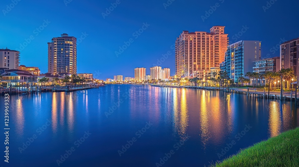 Obraz premium Night cityscape, waterfront, buildings, reflections, waterway, city lights.