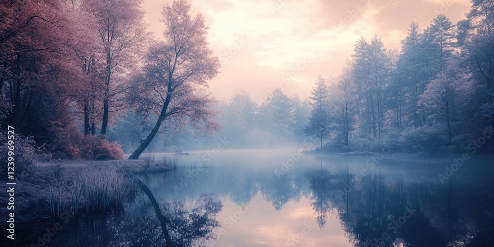 Fototapeta premium Sunset on calm lake in autumn forest with light mist