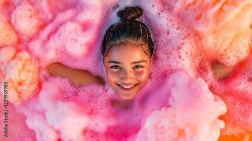 Young girl's creative portrait with watercolor effect background. Ideal for artistic expression, childhood joy, and creative photography concepts.