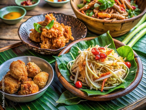 Experience the vibrant flavors of Thailand: Esan chicken, papaya salad, and spicy minced pork. photo