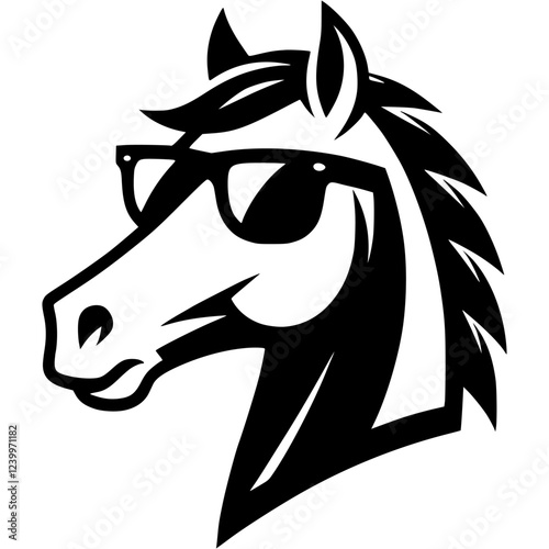 Tattoo emblem of head of young stallion wearing sunglasses in monochrome. Engraving minimalistic vector in black ink drawing on transparent background