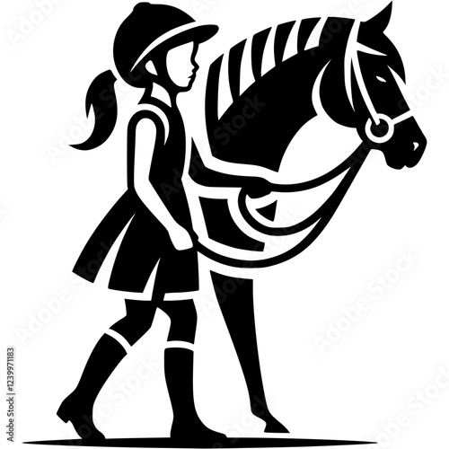 Tattoo emblem of girl jockey leads young horse to training by bridle in monochrome. Engraving minimalistic vector in black ink drawing on transparent background