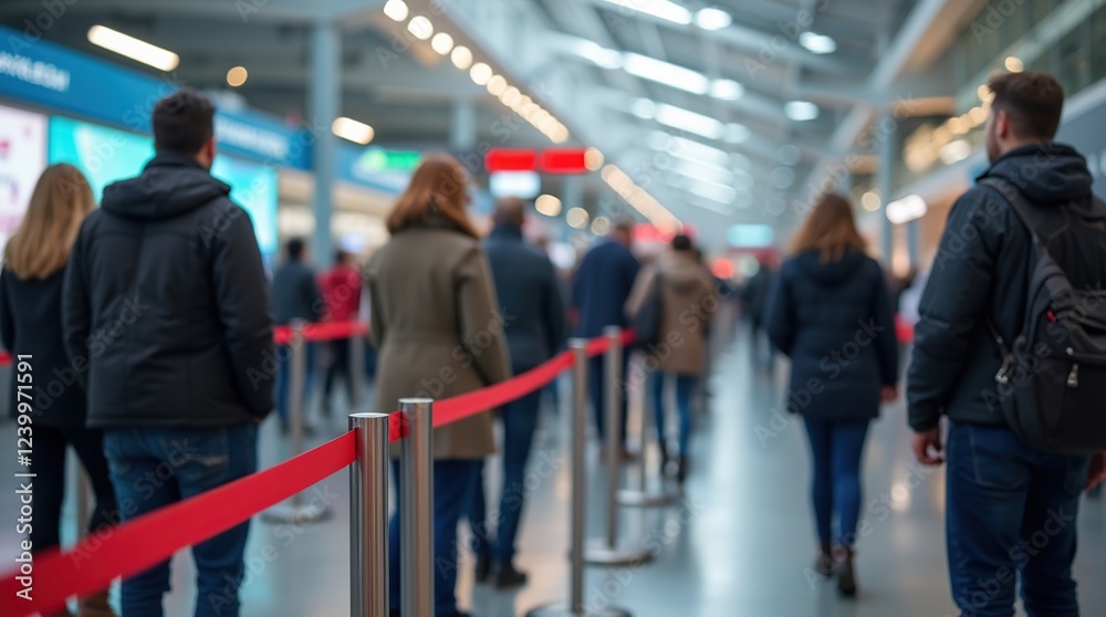 Fototapeta premium People Waiting in Line at an Indoor Public Setting with Bright Lighting
