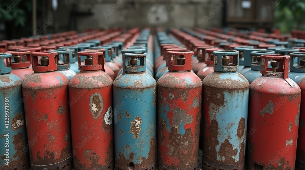 Rustic LPG Gas Cylinders Arranged in Symmetrical Rows in an Outdoor Setting Rustic LPG Gas Cylinders Arranged in Symmetrical Rows in an Outdoor Setting