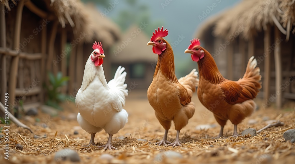 Fototapeta premium Three Majestic Chickens in a Picturesque Rural Farm Setting