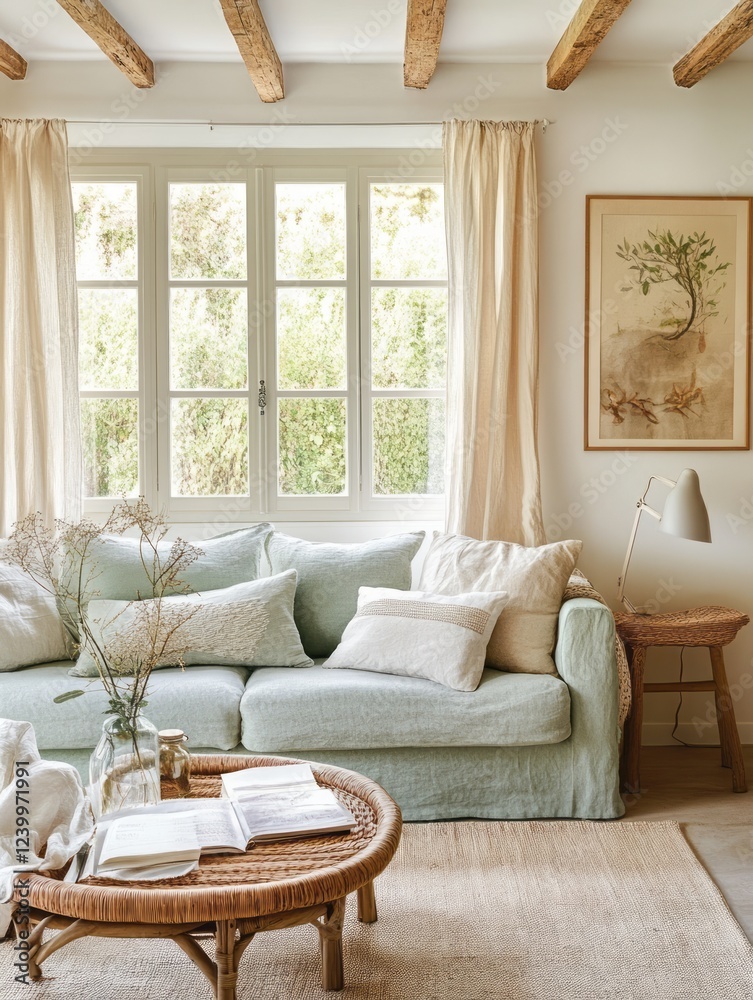 Serene Living Room With Sage Sofa And Wooden Beams Serene Living Room With Sage Sofa And Wooden Beams