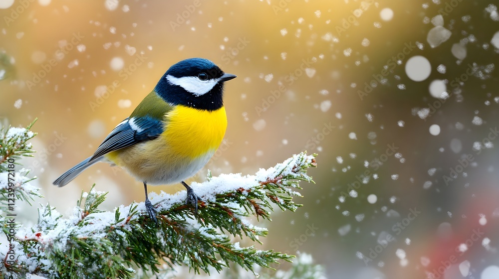 Naklejka premium winter bird on snowy branch