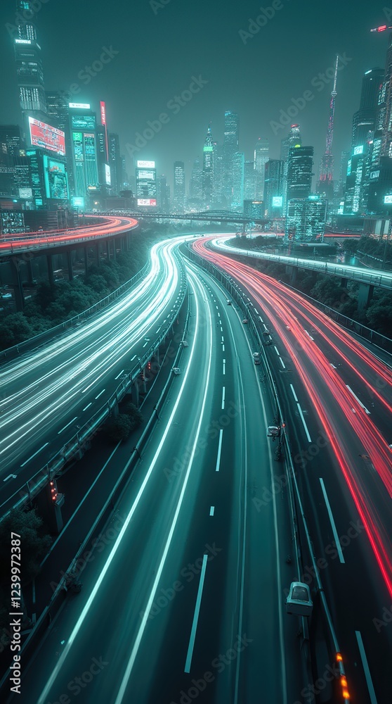 Obraz premium Futuristic Night Cityscape with Dynamic Roads and Light Trails
