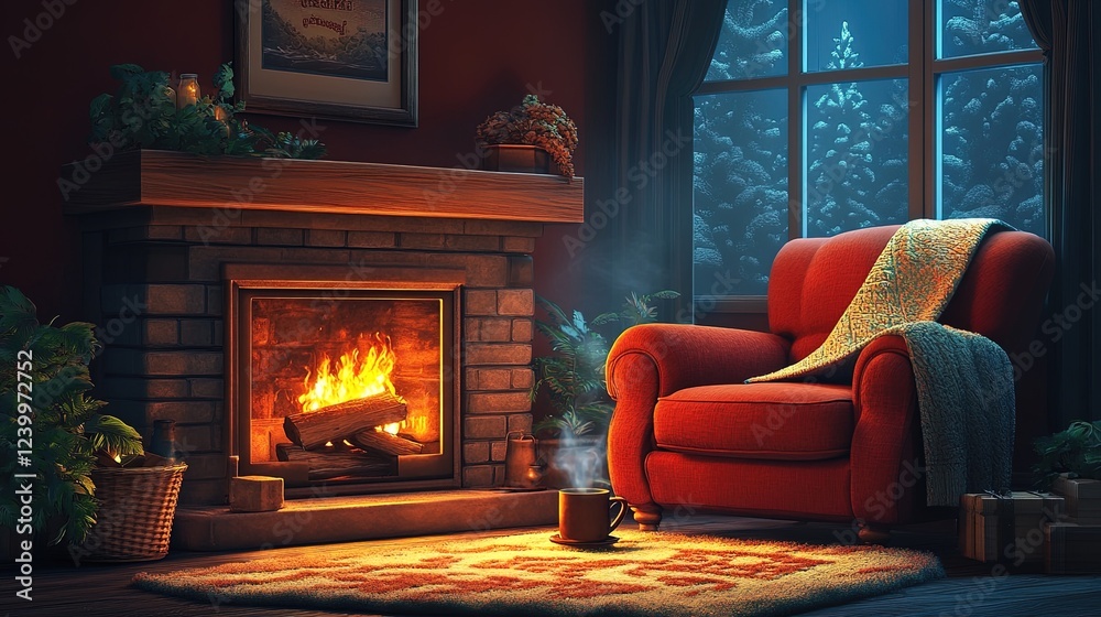 A cozy fireplace scene with a plush armchair, warm blanket, and a steaming mug, tranquil and inviting