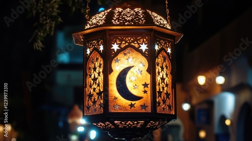 Handcrafted Moroccan lantern with intricate Islamic patterns of moon and stars, serving as a unique nightlight decoration for home or event.