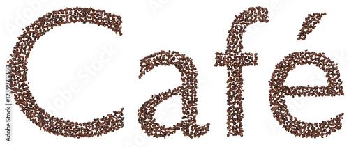 Café 3D Text Render Made with Coffee Beans on Transparent Background – High-Quality Digital Art