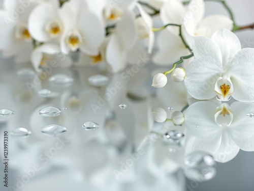 White orchids resting delicately on calm water surface with a single droplet glistening in the sunlight, delicate, tranquil, white