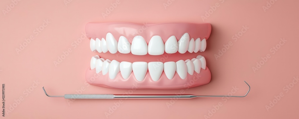 Fototapeta premium Model teeth with dental tools on a pink background, highlighting oral hygiene and dental care.