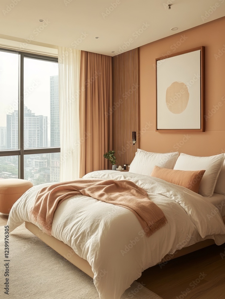 Fototapeta premium Modern Bedroom Design With City View And Neutral Tones