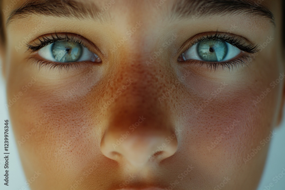 Obraz premium Portrait of a young girl with striking blue eyes, sun-kissed skin, and freckles. Close-up shot focusing on her facial features.