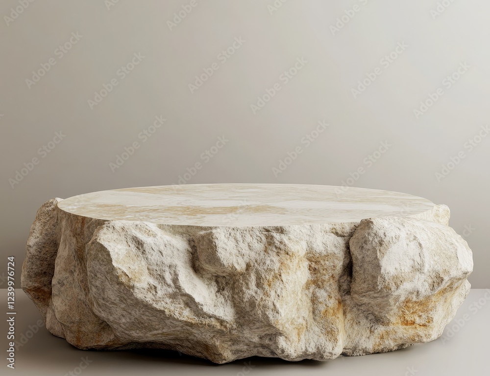 Stone podium, round, rough, textured, beige, display, mockup, isolated, background. Stone podium, round, rough, textured, beige, display, mockup, isolated, background.