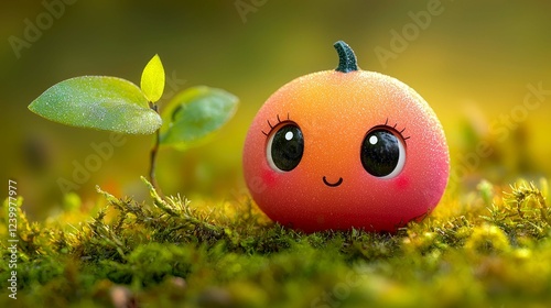 Adorable Orange Character in Mossy Garden: Cute Kawaii Fruit Illustration photo