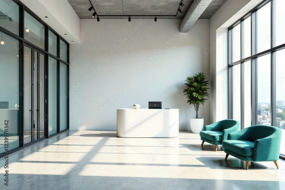 Fototapeta premium Modern Office Reception Area with Teal Armchairs and Large Windows