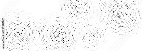 Black dotted concentric circle pattern. Radial halftone abstract wallpaper. Rippled sound wave ring background. Tech circular particle texture for banner, poster, presentation. Vector backdrop