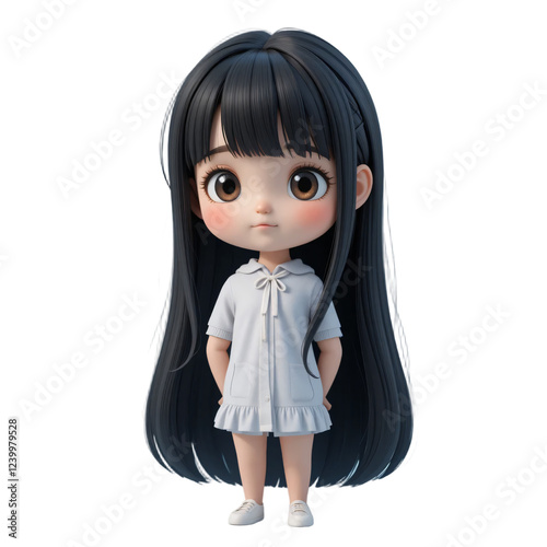 Little girl having long hair, baby hair cut, big eyes, little girl standing, PNG image 