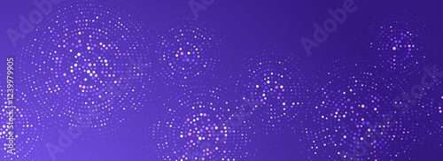 Purple digital technology pattern wallpaper. Glowing dotted circle background. Abstract dot round grid backdrop for business, science, healthcare, medicine, finance. Vector violet textured surface