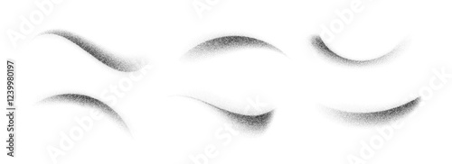 Dotted curved brush stroke set. Wavy grainy spray element collection. Black flowing sand splashes pack. Stippled noise gradient shades bundle. Splattered dust particle texture waves. Vector
