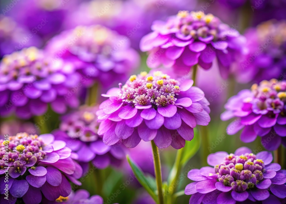 Macro photography reveals exquisite detail in a purple Candytuft flower, a spring bloom in selective focus. Macro photography reveals exquisite detail in a purple Candytuft flower, a spring bloom in selective focus.