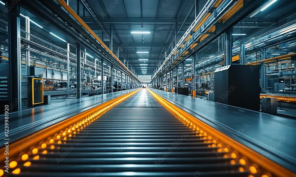 Industrial conveyor belt in a modern factory setting with automated machinery and bright lighting Industrial conveyor belt in a modern factory setting with automated machinery and bright lighting