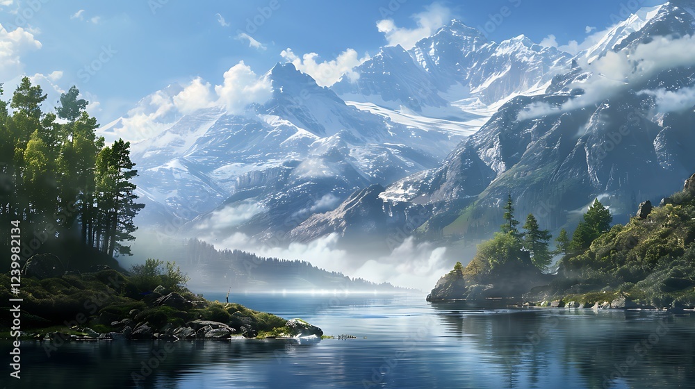 Picturesque mountain lake scene. Majestic peaks reflect in the calm water. a tranquil and beautiful view. Picturesque mountain lake scene. Majestic peaks reflect in the calm water. a tranquil and beautiful view.