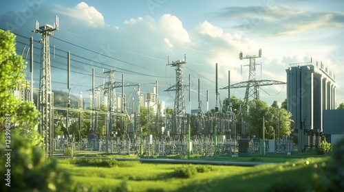 A large power grid with transformers and clean energy sources connected.