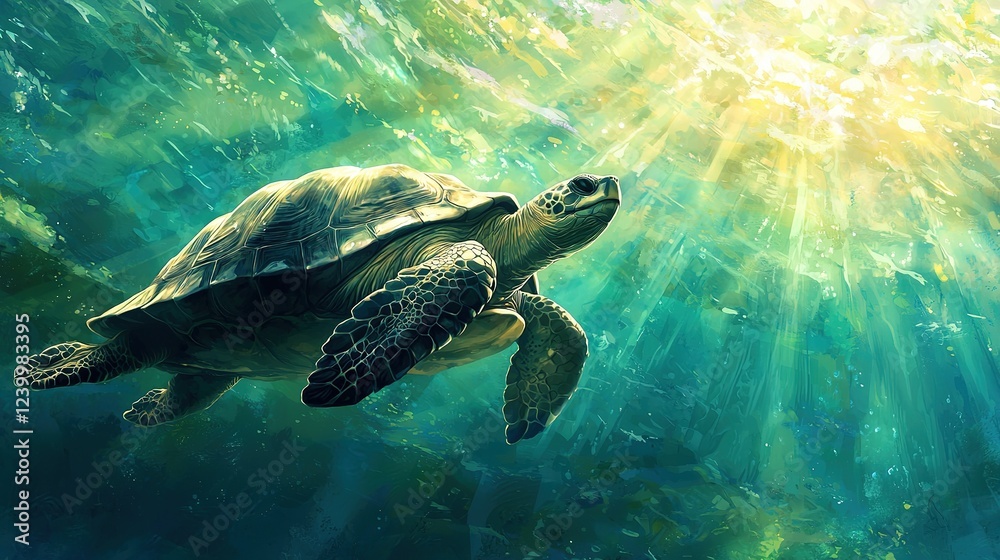 Obraz premium Sea Turtle Underwater Sunlight