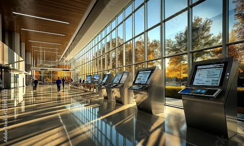 Modern airport terminal interior featuring self-service kiosks with travelers in a sunny ambiance