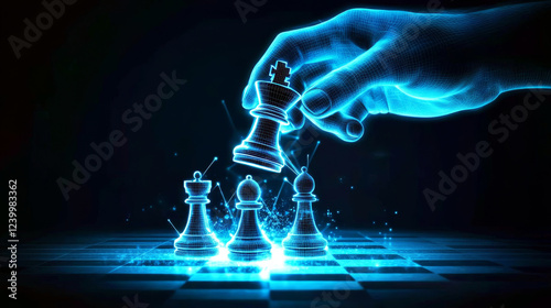 Strategic Masterstroke: A glowing hand makes a decisive move, capturing the king in a futuristic chess game.  The scene is rendered in vibrant neon blue.