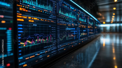 Multiple screens showing financial charts and data analysis in a high-tech environment, symbolizing chaos, modern technology, and the fast-paced nature of financial markets, with empty space for capti photo