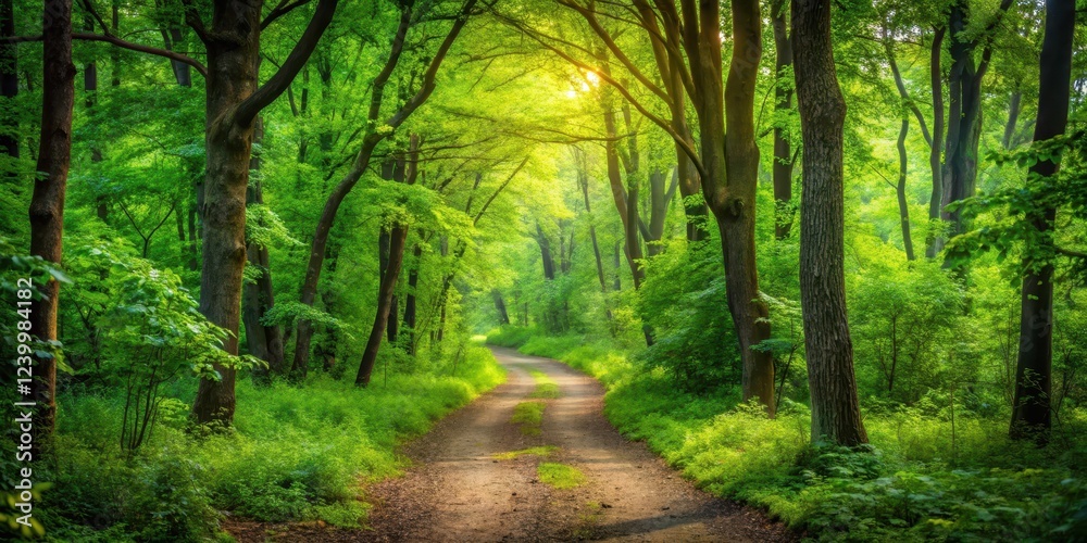 Naklejka premium Forest Path Winding Through Trees, lush greenery, leaves, lush greenery, leaves, roots