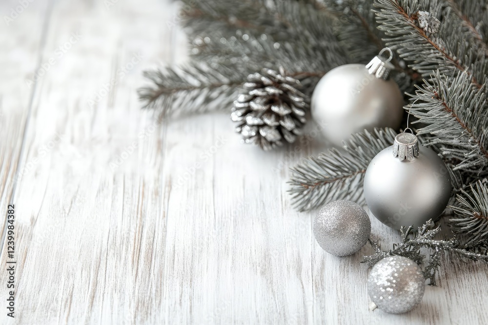 nordicinspired christmas composition with pine branches and silver ornaments nordicinspired christmas composition with pine branches and silver ornaments
