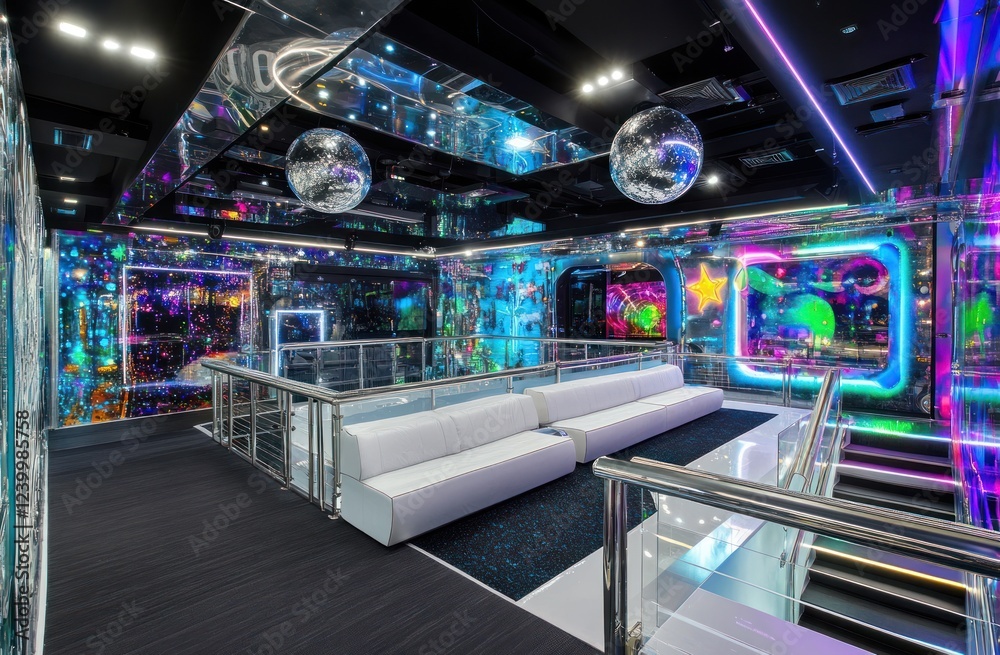 Neon-lit lounge, futuristic design, disco balls, playful background Neon-lit lounge, futuristic design, disco balls, playful background