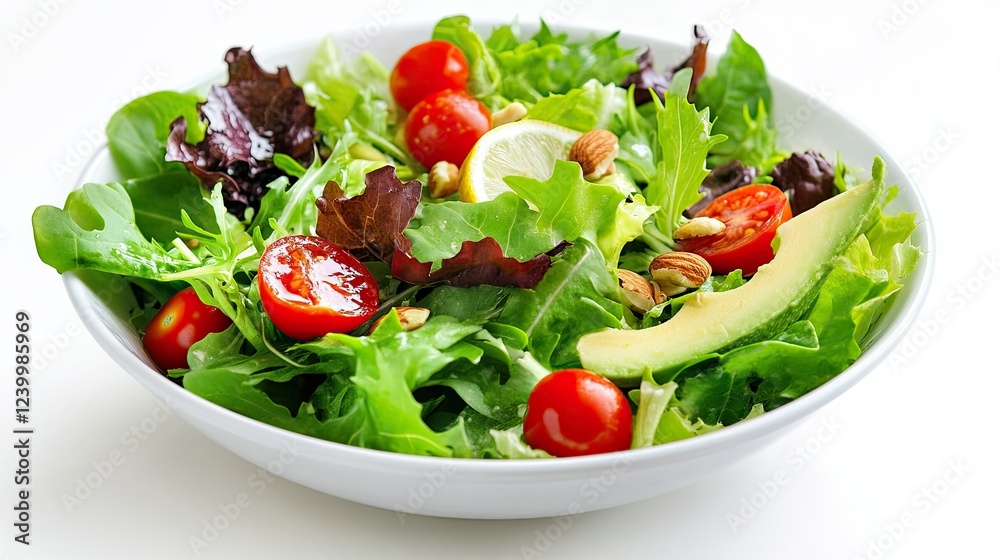 A fresh salad bowl with leafy greens, avocado, cherry tomatoes, nuts, and a lemon dressing. A fresh salad bowl with leafy greens, avocado, cherry tomatoes, nuts, and a lemon dressing.
