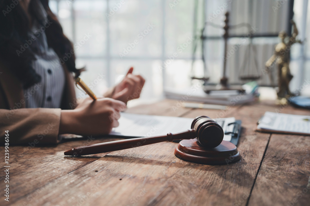 Obraz premium Lawyer signing legal document with gavel and justice scale on wooden table